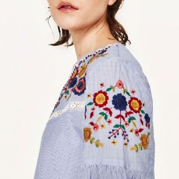 ZARA Blue & White Striped Floral Embroidered Dress - Picture 4 of 14